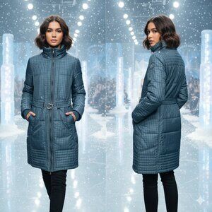 ANA Women Medium Down Long Winter Coat Puffer High-Neck Full Zip 2-Pocket Belted